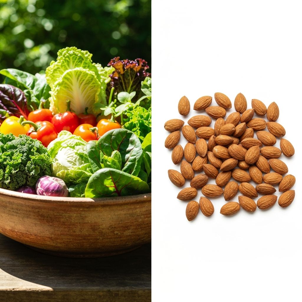 Blog header composition showing leafy greens and nuts comparison