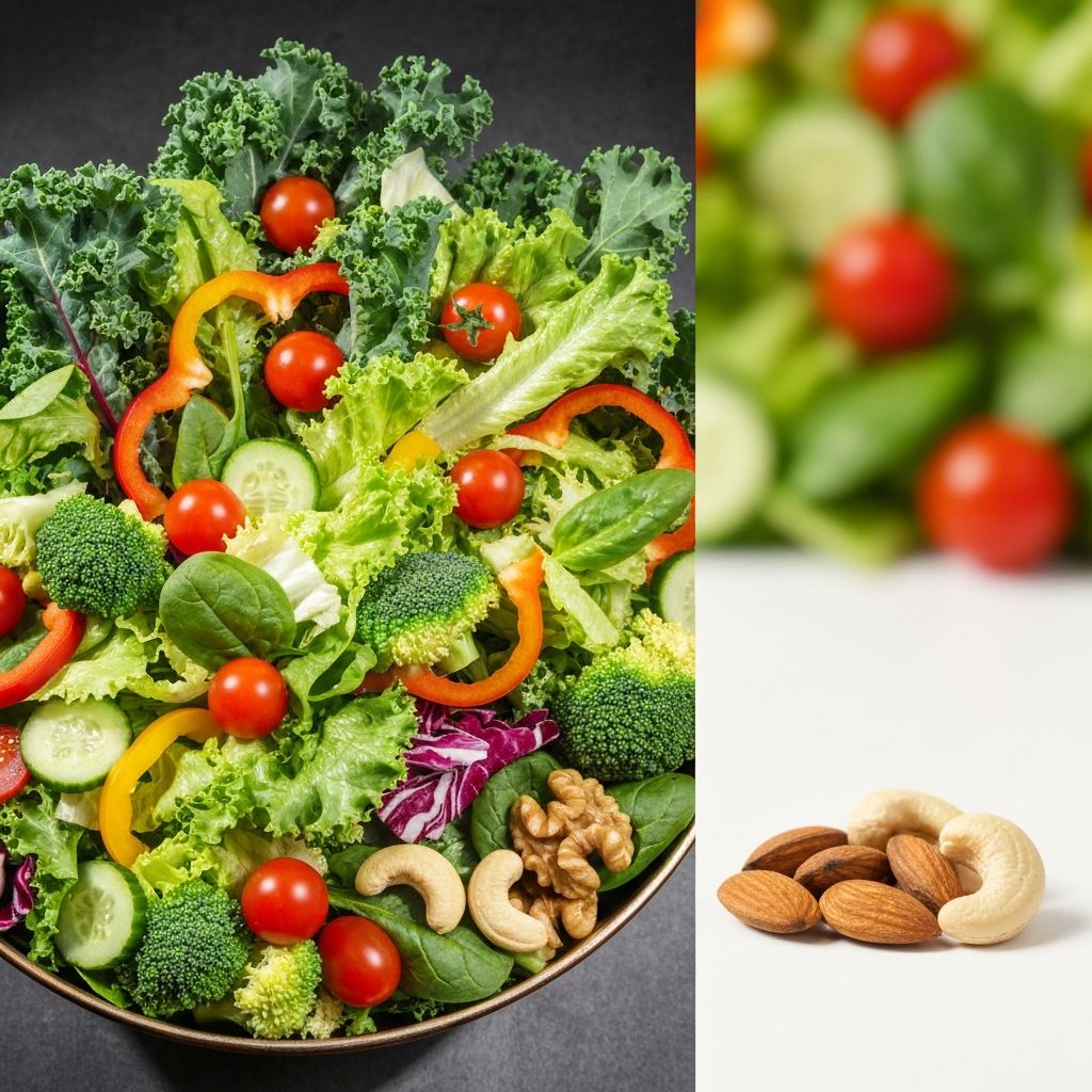 Large volume of low-density vegetables compared to small portion of high-density nuts