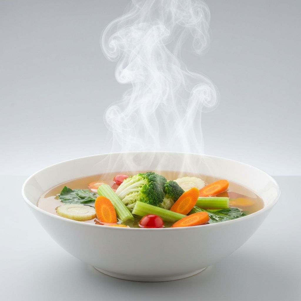 Large deep bowl of steaming vegetable broth with fresh vegetables